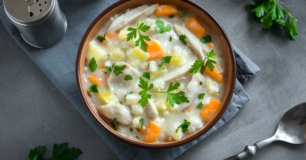 A freshly baked chicken pot pie with a golden, flaky crust, filled with a creamy mixture of chicken, vegetables, and cream of chicken soup, served on a rustic wooden table.