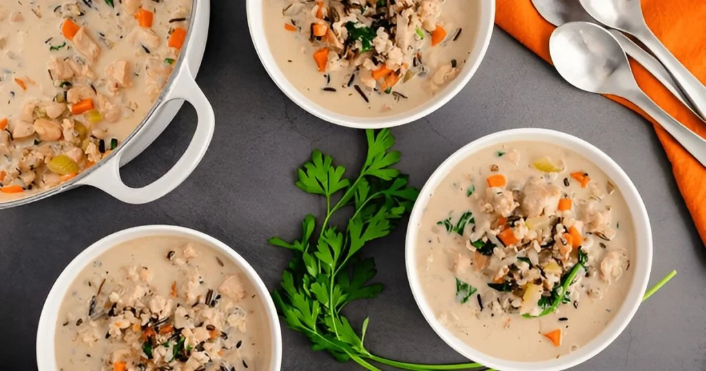 A freshly baked chicken pot pie with a golden, flaky crust, filled with a creamy mixture of chicken, vegetables, and cream of chicken soup, served on a rustic wooden table.