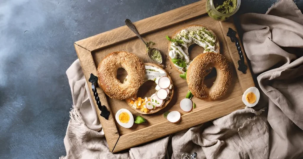 A creamy and smooth sweet cream cheese spread served in a bowl with fresh bagels, surrounded by ingredients like honey, vanilla, and berries.