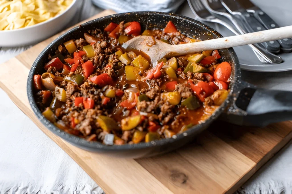 Delicious and easy beef recipe served with roasted vegetables on a white plate.