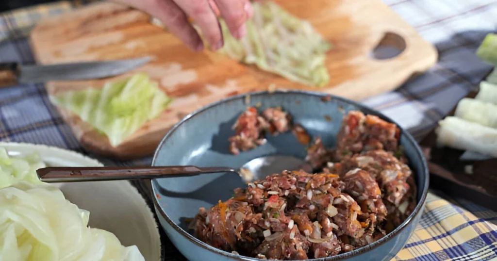 A beautifully plated dish of cabbage and ground beef with vibrant vegetables and garnishes, highlighting a simple and delicious recipe.