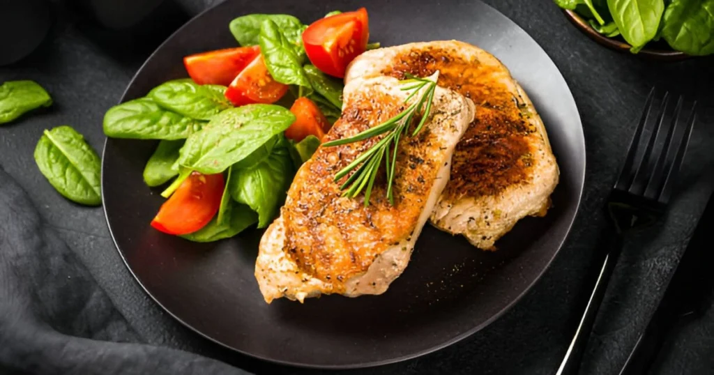 A beautifully plated chicken breast recipes garnished with fresh herbs and served with colorful roasted vegetables, showcasing an easy and delicious recipe