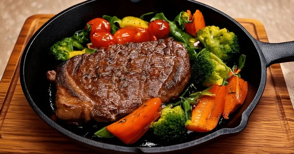 Delicious and easy beef recipe served with roasted vegetables on a white plate.