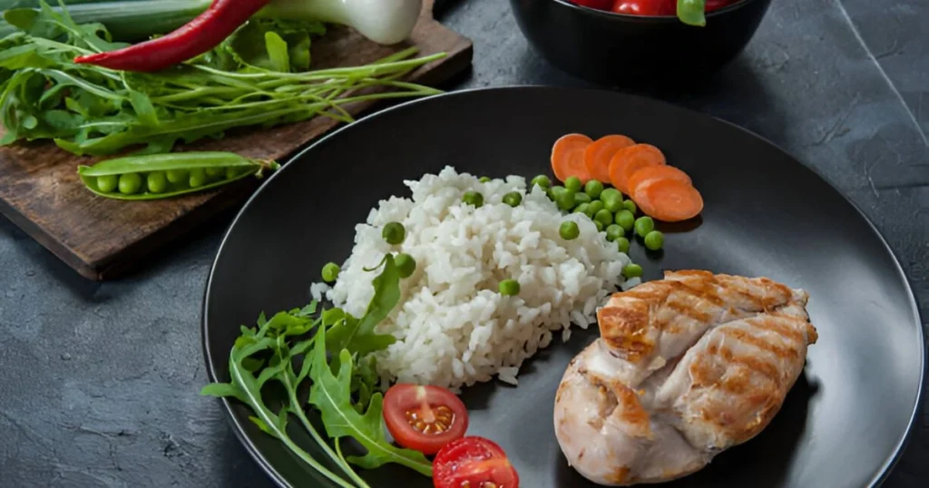 A delicious plate of fluffy rice served alongside a perfectly cooked salmon fillet, garnished with fresh herbs and a slice of lemon.