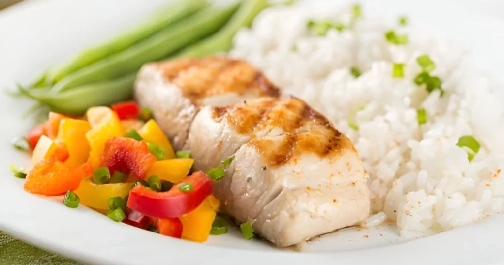 A delicious plate of fluffy rice served alongside a perfectly cooked salmon fillet, garnished with fresh herbs and a slice of lemon.