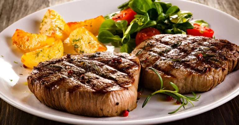 Tender steak and golden potatoes cooked in a crockpot, garnished with fresh herbs.