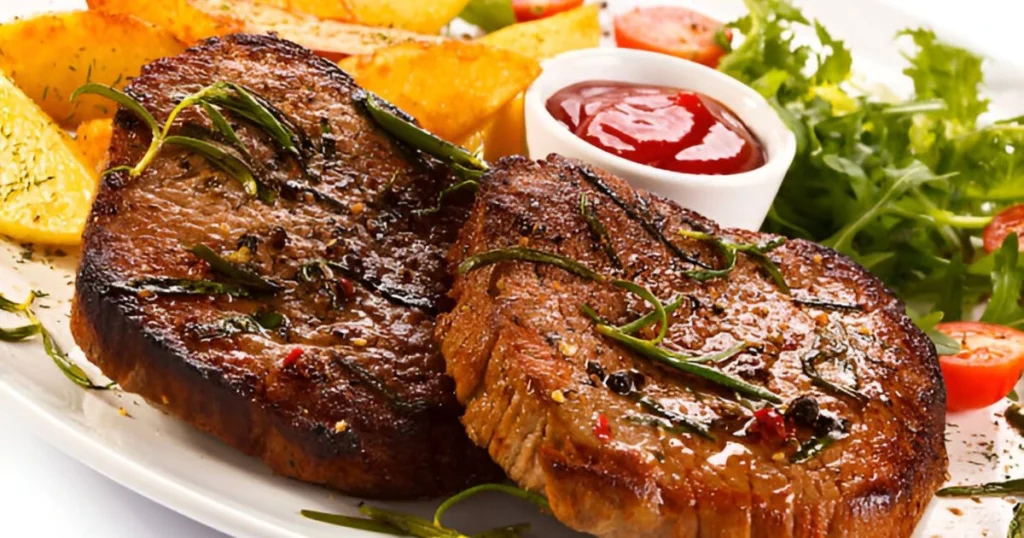 Tender steak and golden potatoes cooked in a crockpot, garnished with fresh herbs.