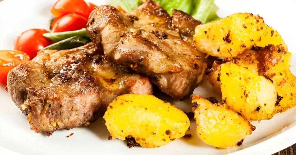 Tender steak and golden potatoes cooked in a crockpot, garnished with fresh herbs.