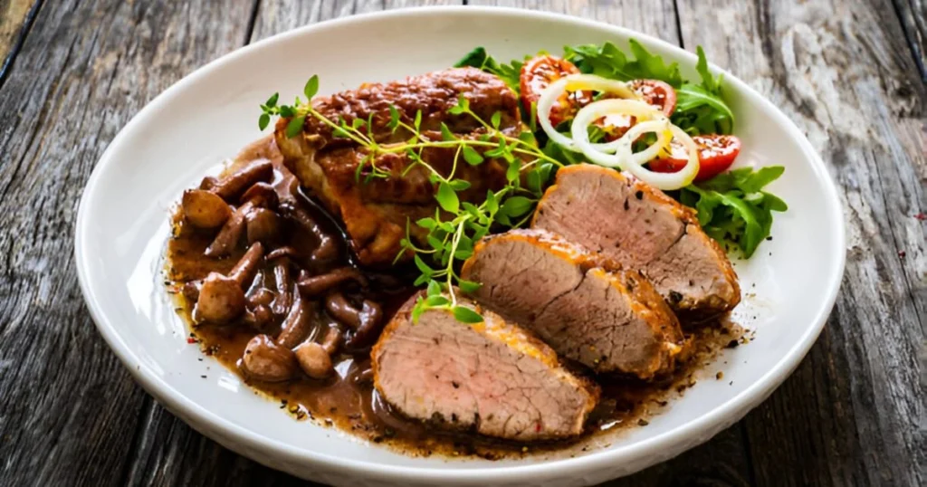 Delicious homemade hamburger steak served with rich brown gravy, garnished with fresh parsley, alongside mashed potatoes and steamed vegetables.