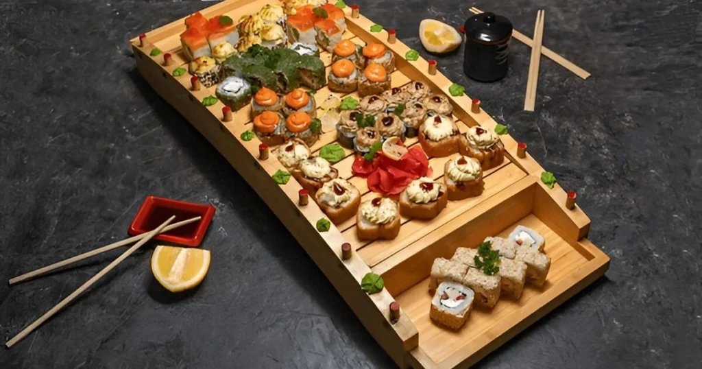 A close-up view of a baked sushi dish featuring tender salmon chunks, creamy layers of mayonnaise, and golden crispy edges, garnished with green onions and sesame seeds, served alongside nori sheets.